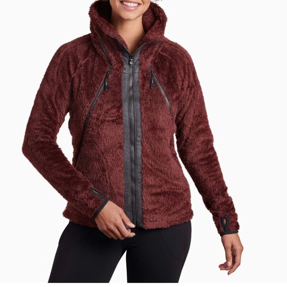 KUHL Women's Flight Jacket Hood Full Zip Womens Size Med Burgundy Sherpa Fleece - Picture 1 of 15